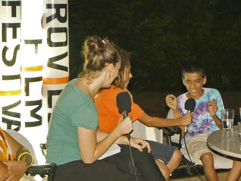 Photographer:Giorgio | Chloe' & Antonio interviewing Bhavyo. Antonio and Bhavyo sent 3 short movies at the Auroville Film Festival 2011.