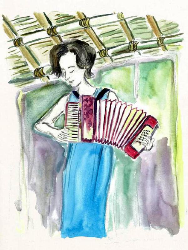Photographer:http://sadhanaforest.org/from-my-little-hut-in-the-forest-by-yorit-rozin/ | Yorit playing accordion